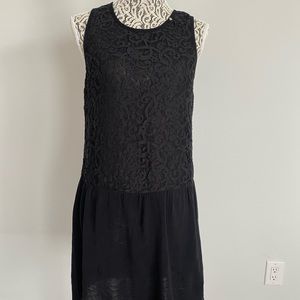 Lose fit black dress with cotton blend skirt with shear lace top